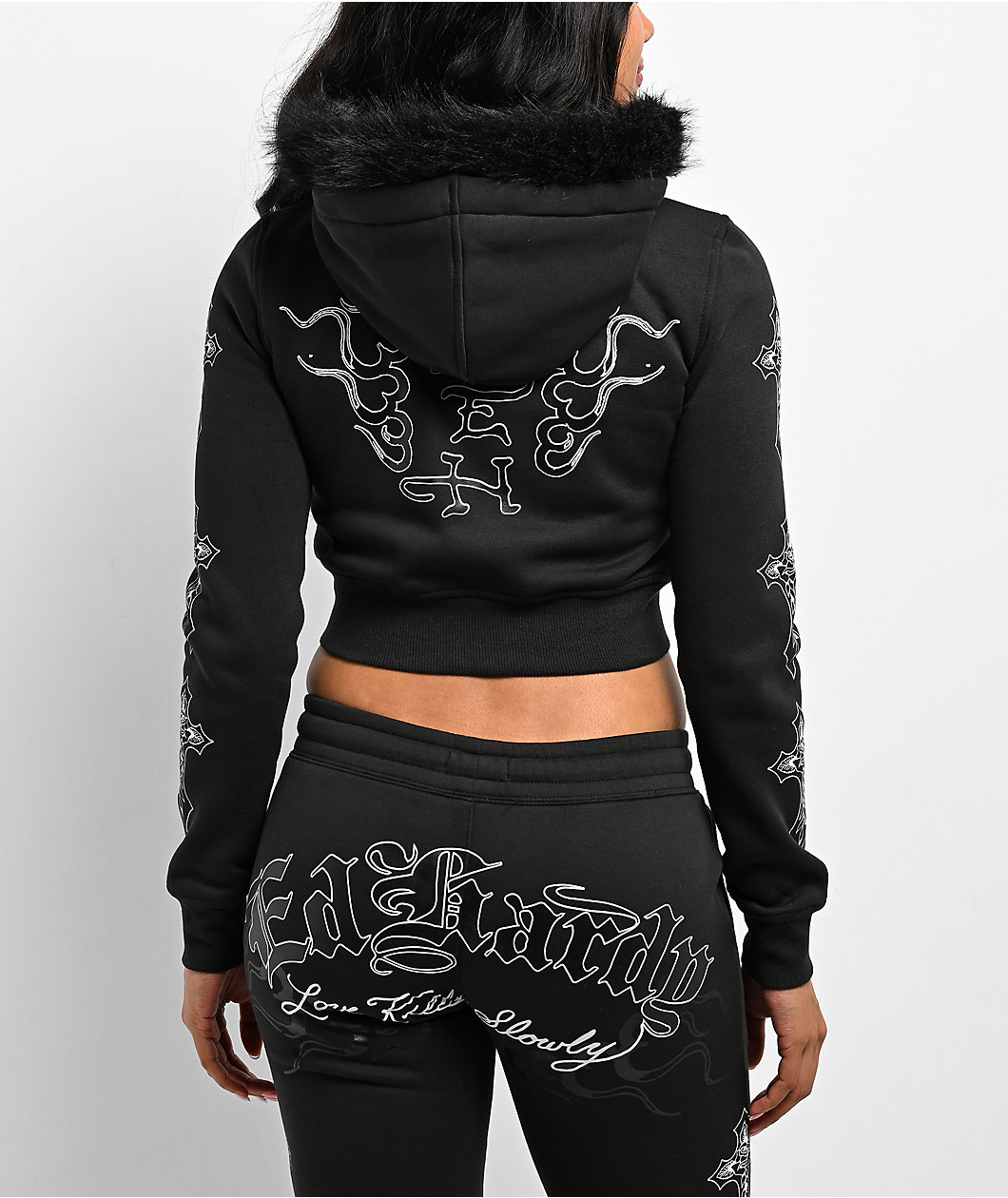 Ed Hardy Flame Cross Y2K Faux Fur Black Crop Zip Hoodie
