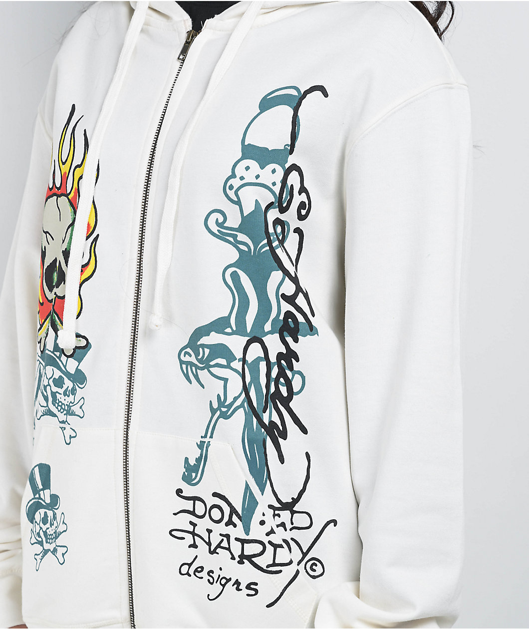 Ed Hardy Flame Skull Ivory Zip Hoodie