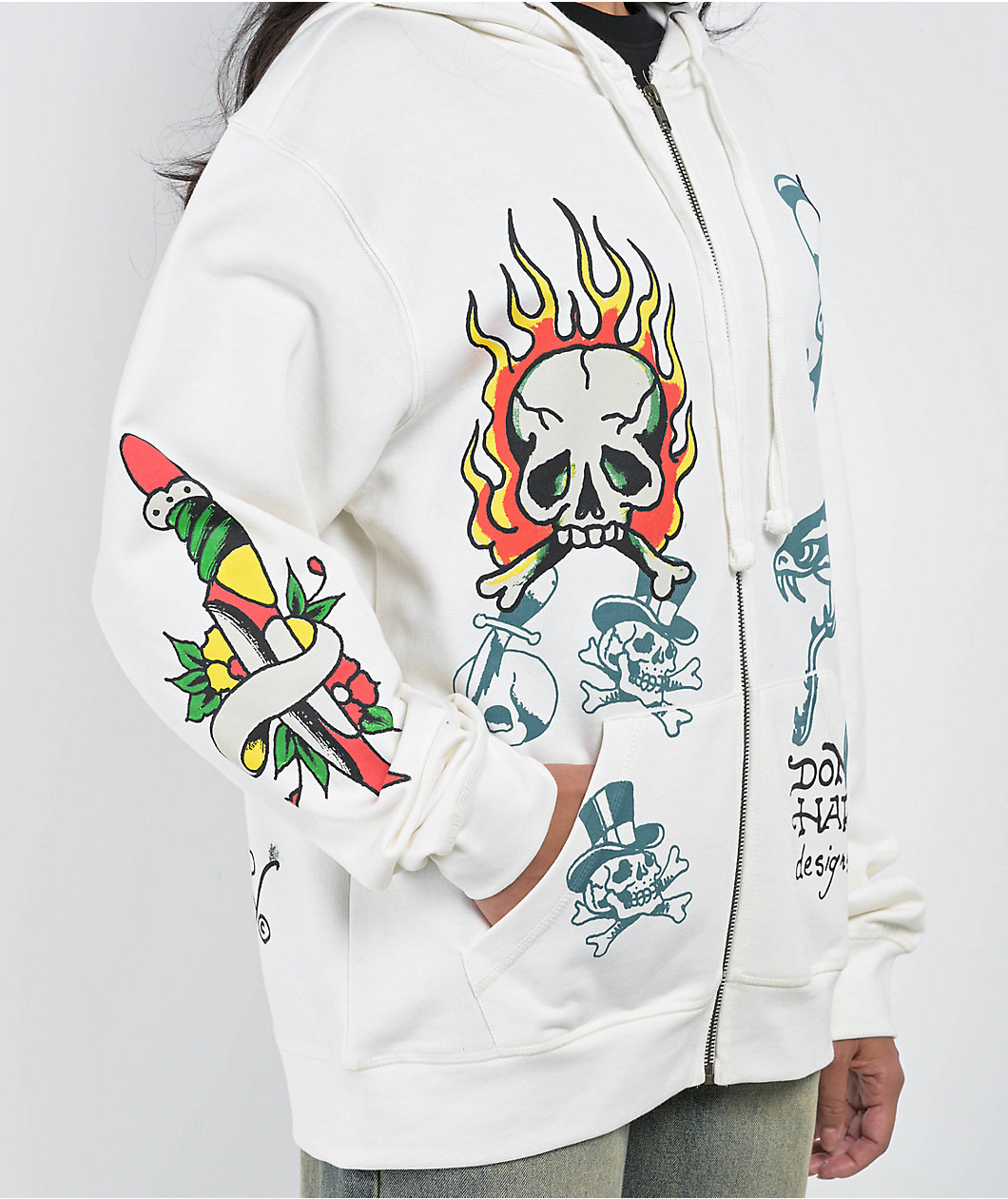 Ed Hardy Flame Skull Ivory Zip Hoodie