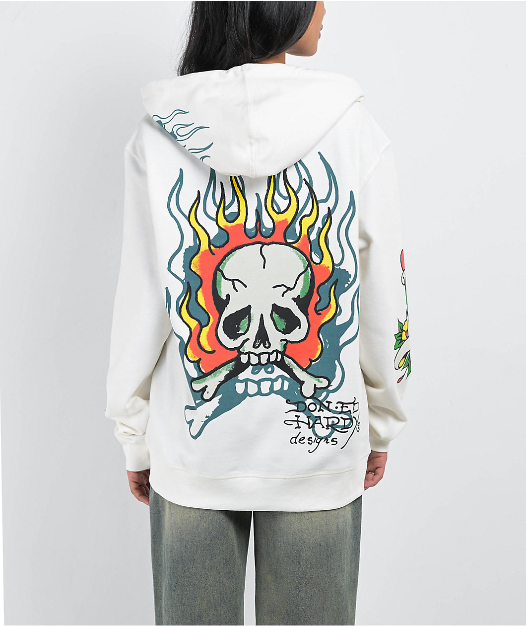 Ed Hardy Flame Skull Ivory Zip Hoodie