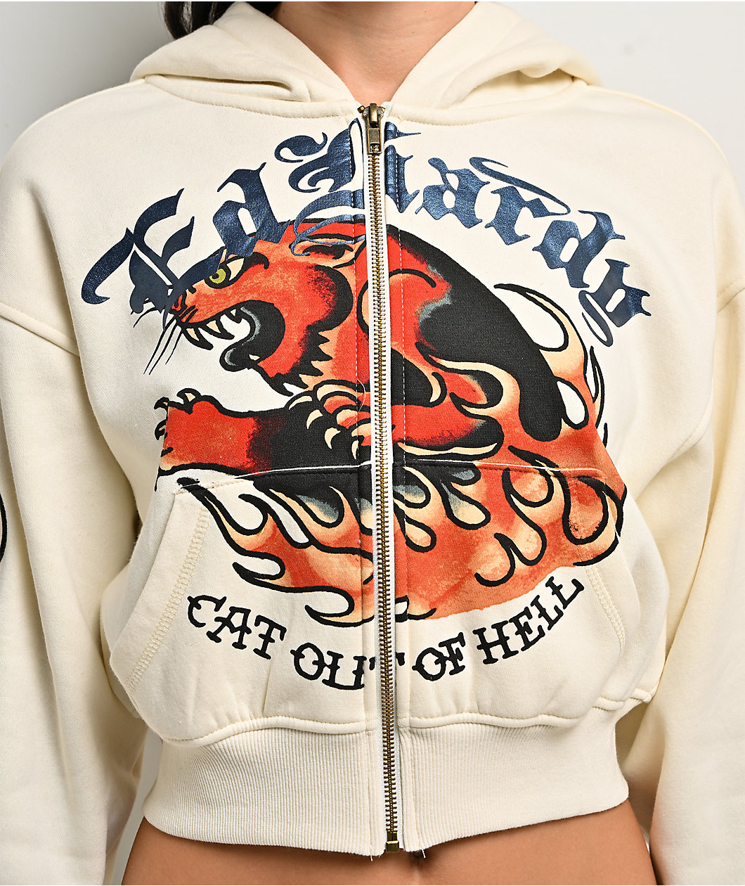 Ed Hardy Flames Cream Crop Zip Hoodie