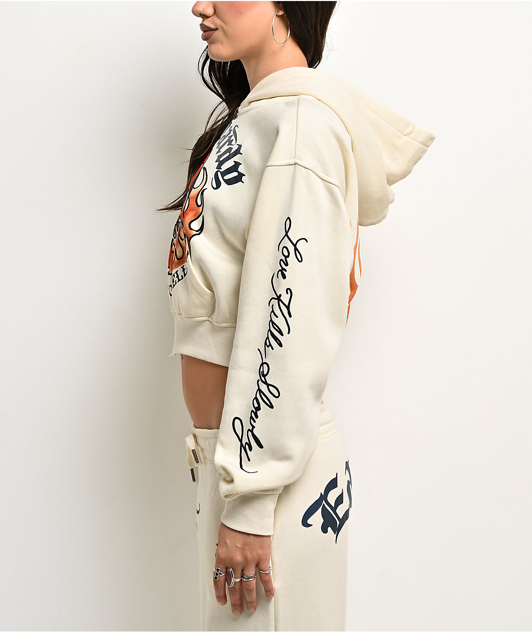 Ed Hardy Flames Cream Crop Zip Hoodie