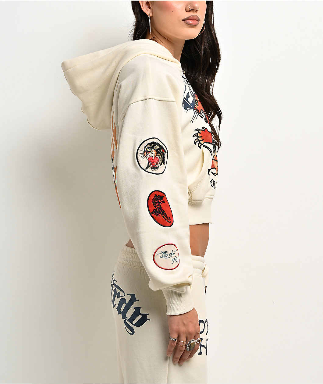 Ed Hardy Flames Cream Crop Zip Hoodie
