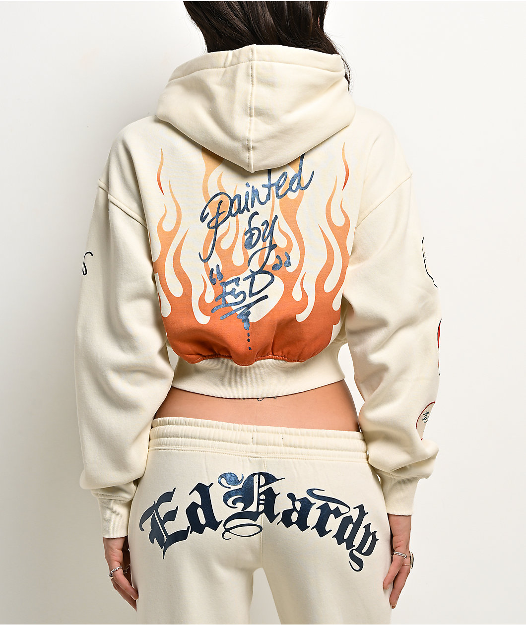 Ed Hardy Flames Cream Crop Zip Hoodie