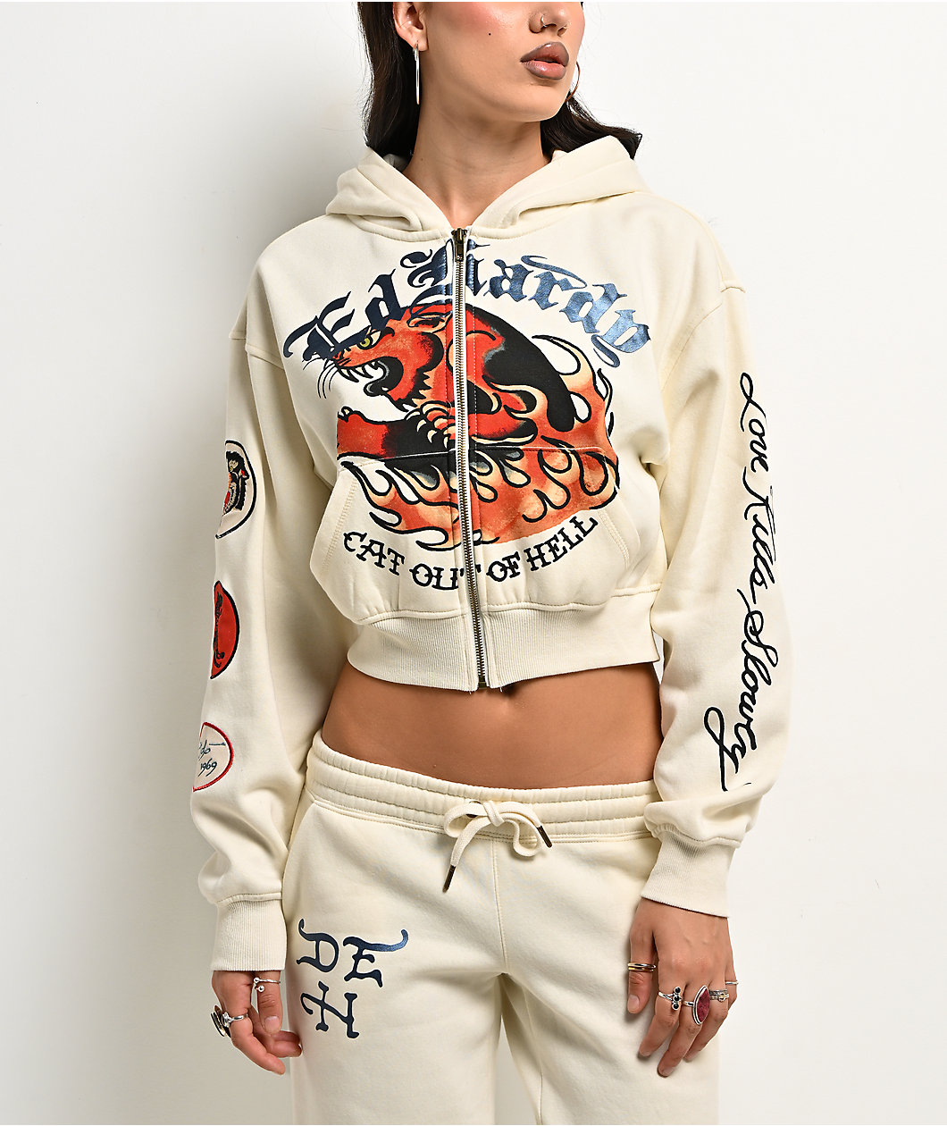 Ed Hardy Flames Cream Crop Zip Hoodie