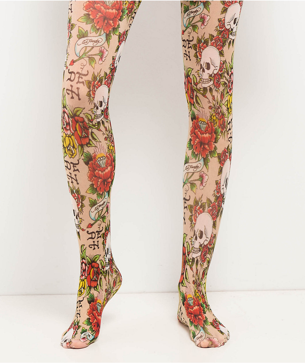 Ed Hardy Floral Tattoo Sheer Nude Tights