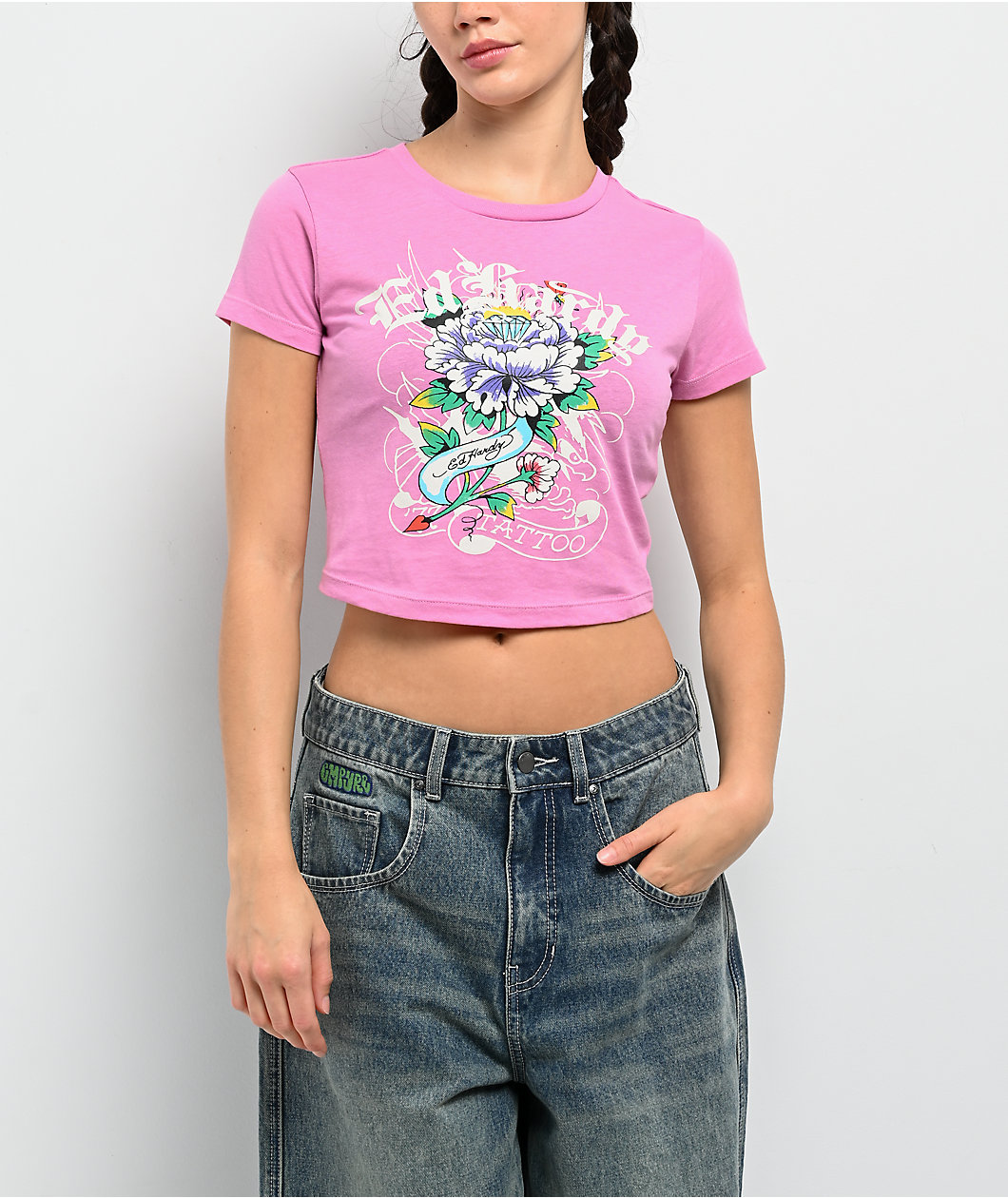 Ed Hardy Flower Diamond Pink Crop T-Shirt