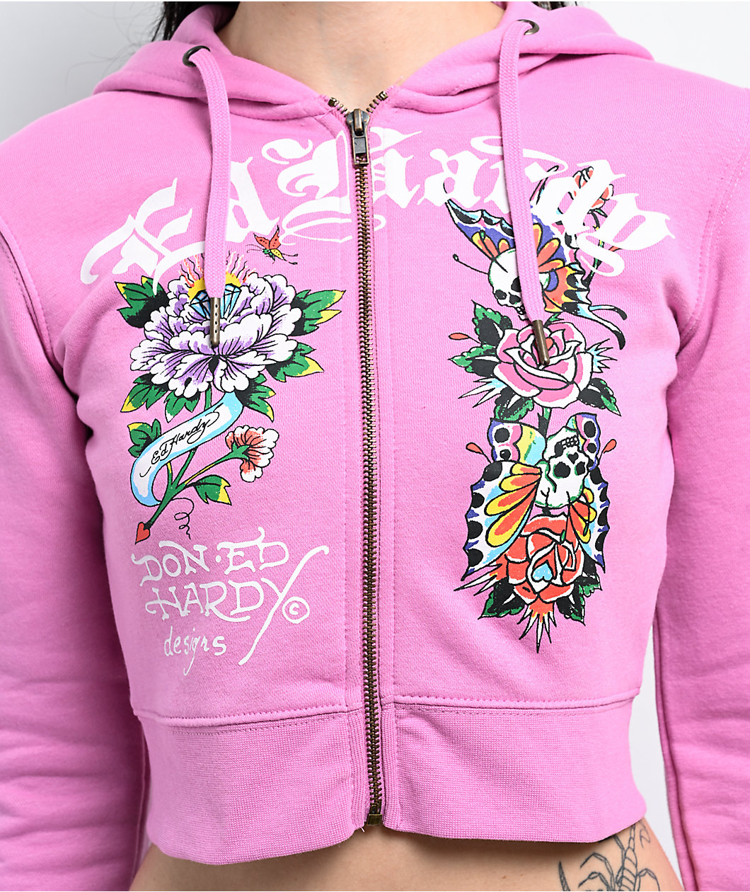 Ed Hardy Flower Skull Pink Crop Zip Hoodie