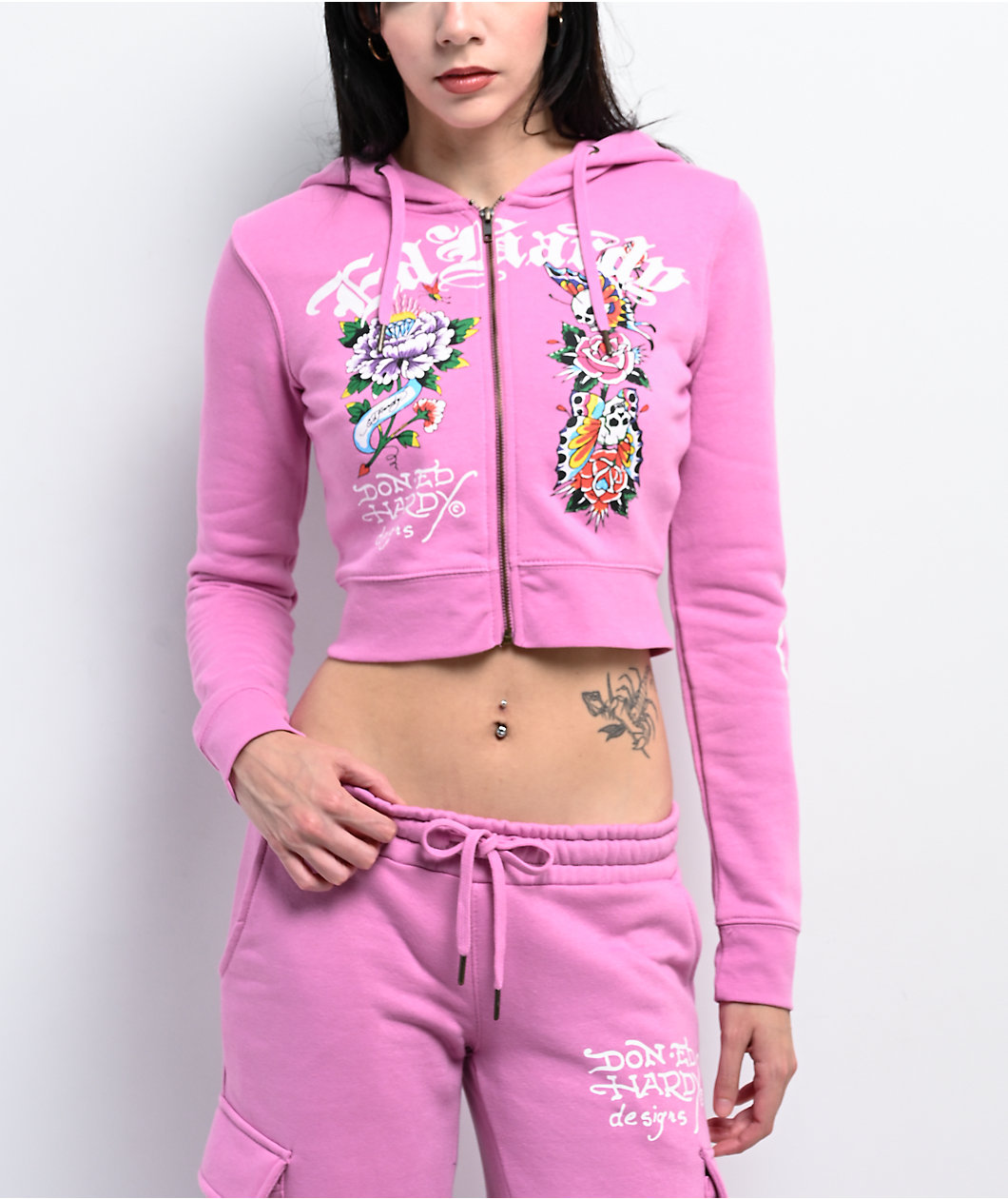 Ed Hardy Flower Skull Pink Crop Zip Hoodie