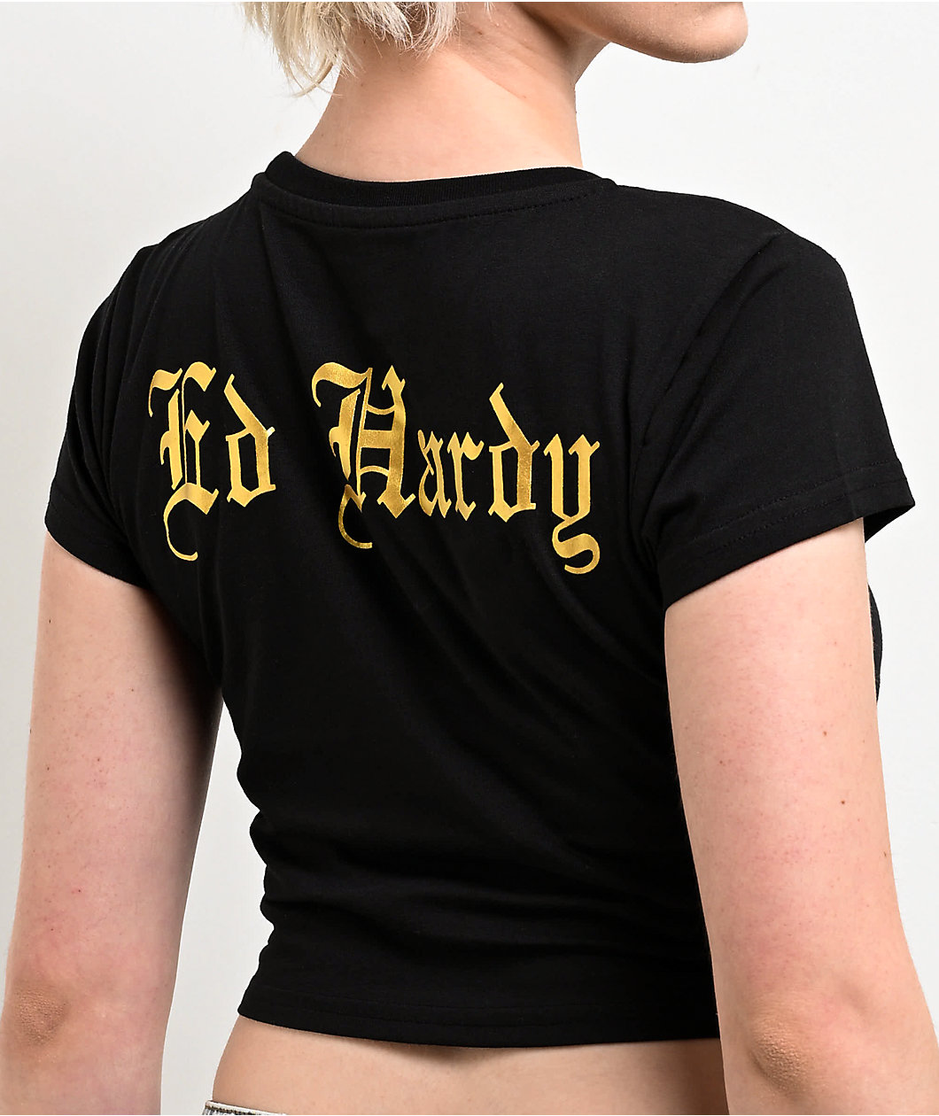 Ed Hardy Heart Flame Rhinestone Black Crop T-Shirt
