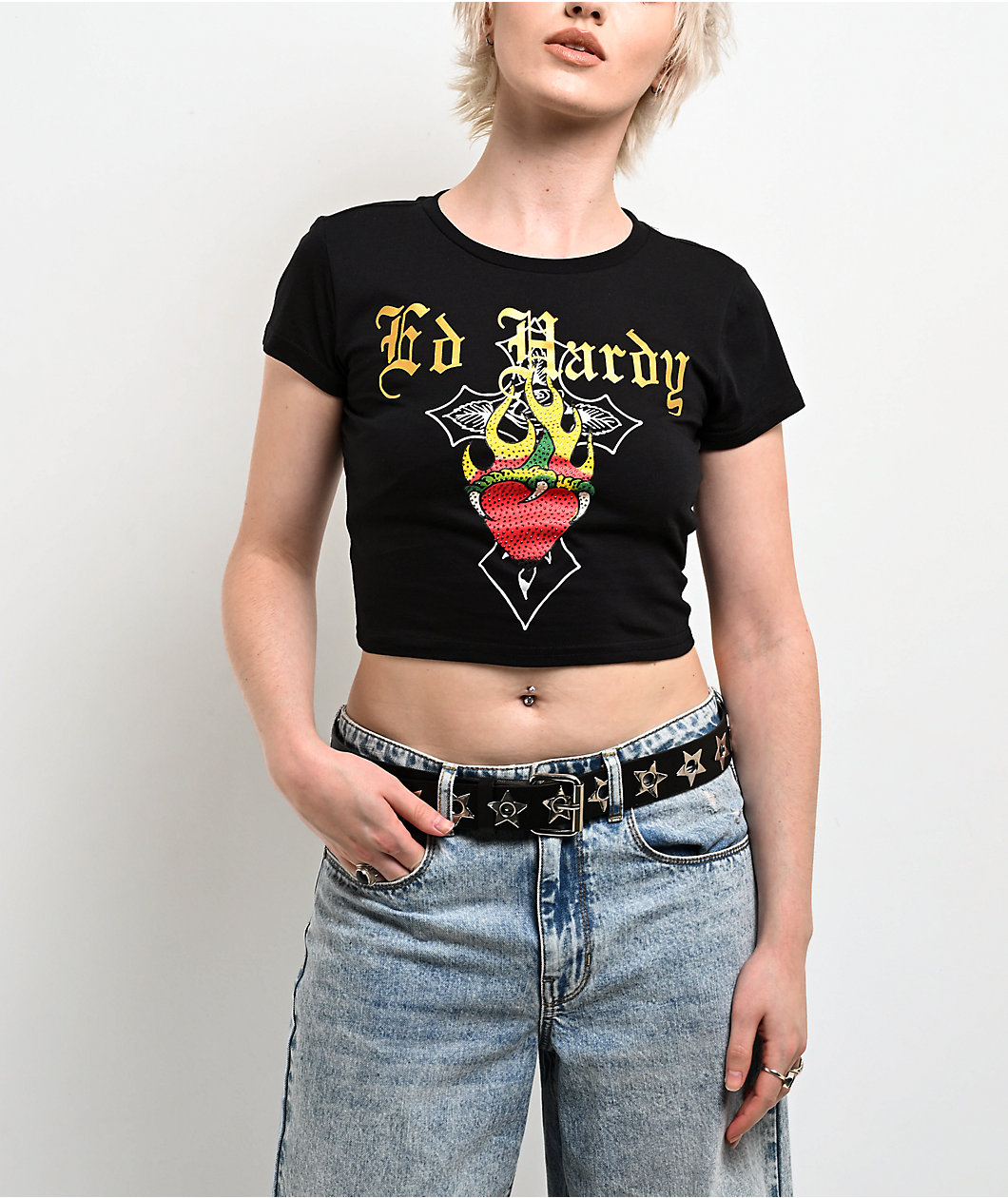 Ed Hardy Heart Flame Rhinestone Black Crop T-Shirt
