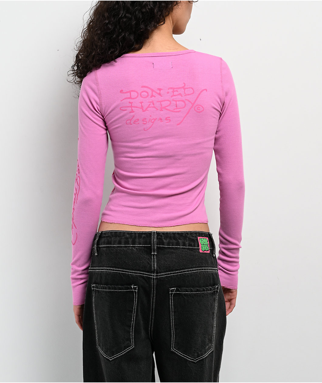 Ed Hardy Heart Roses Orchid Pink Notch Thermal Long Sleeve T-Shirt