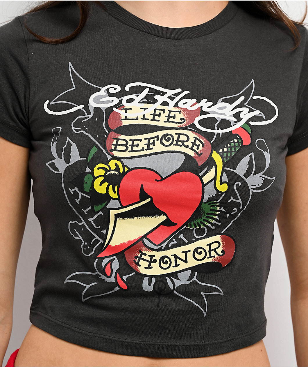 Ed Hardy Honor Heart Charcoal Crop T-Shirt