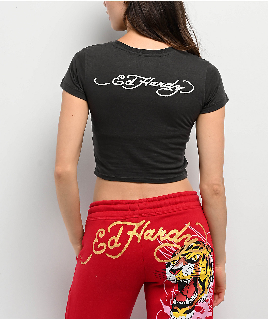 Ed Hardy Honor Heart Charcoal Crop T-Shirt