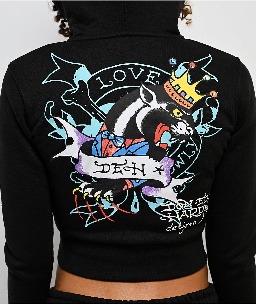 Ed Hardy Ice Flower Sunfade Black Crop Zip Hoodie