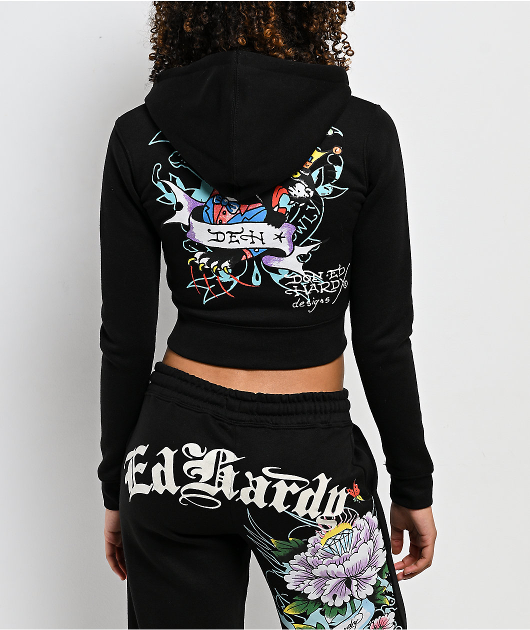 Ed Hardy Ice Flower Sunfade Black Crop Zip Hoodie