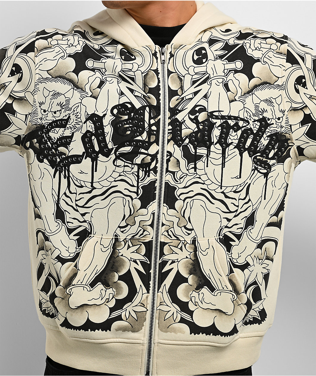 Ed Hardy Japan Lion 2fer Ivory & Black Boxy Zip Hoodie