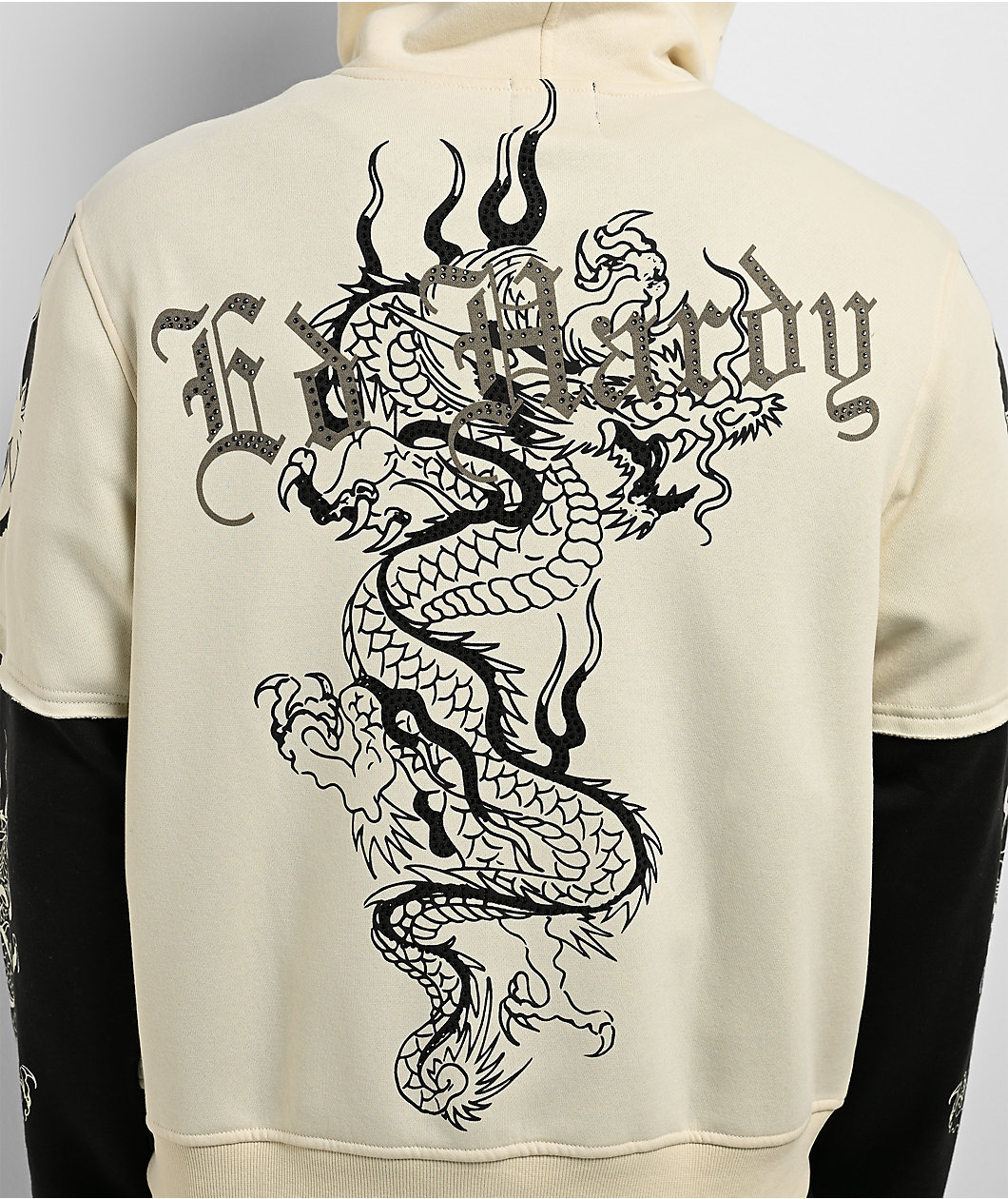 Ed Hardy Japan Lion 2fer Ivory & Black Boxy Zip Hoodie