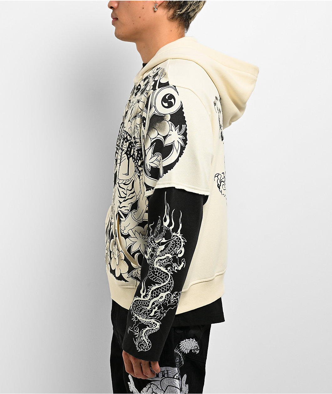 Ed Hardy Japan Lion 2fer Ivory & Black Boxy Zip Hoodie