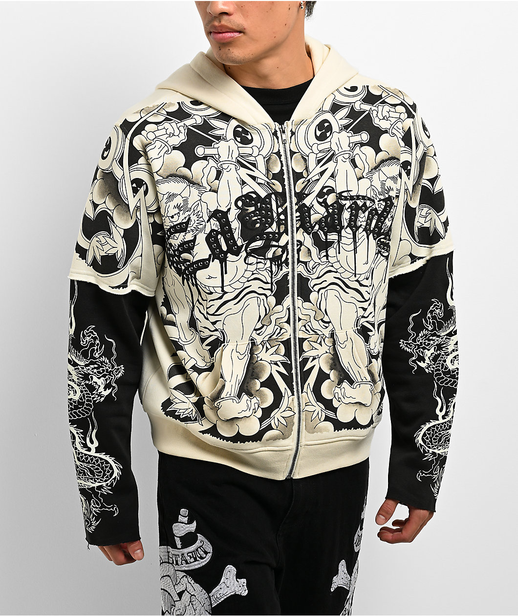 Ed Hardy Japan Lion 2fer Ivory & Black Boxy Zip Hoodie