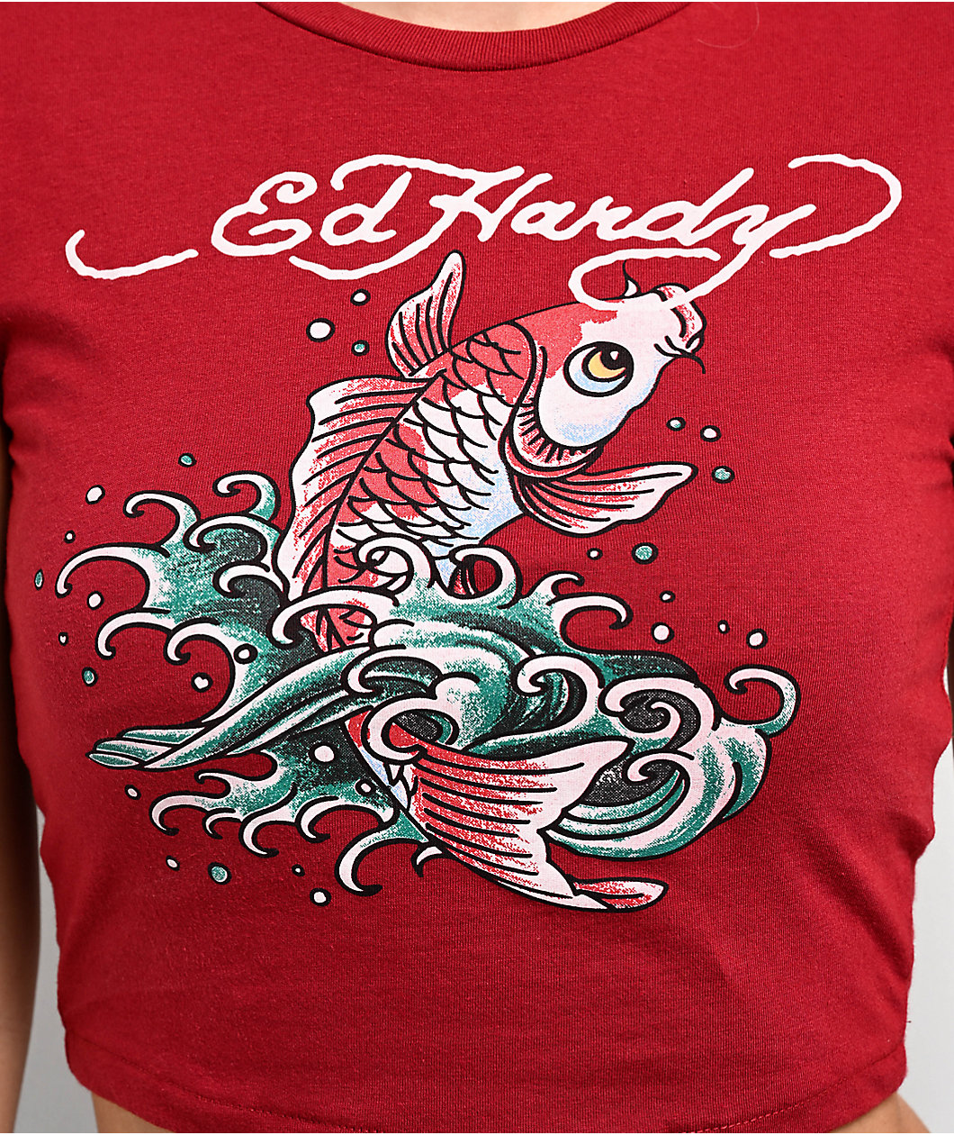 Ed Hardy Koi Fish Maroon Crop T-Shirt