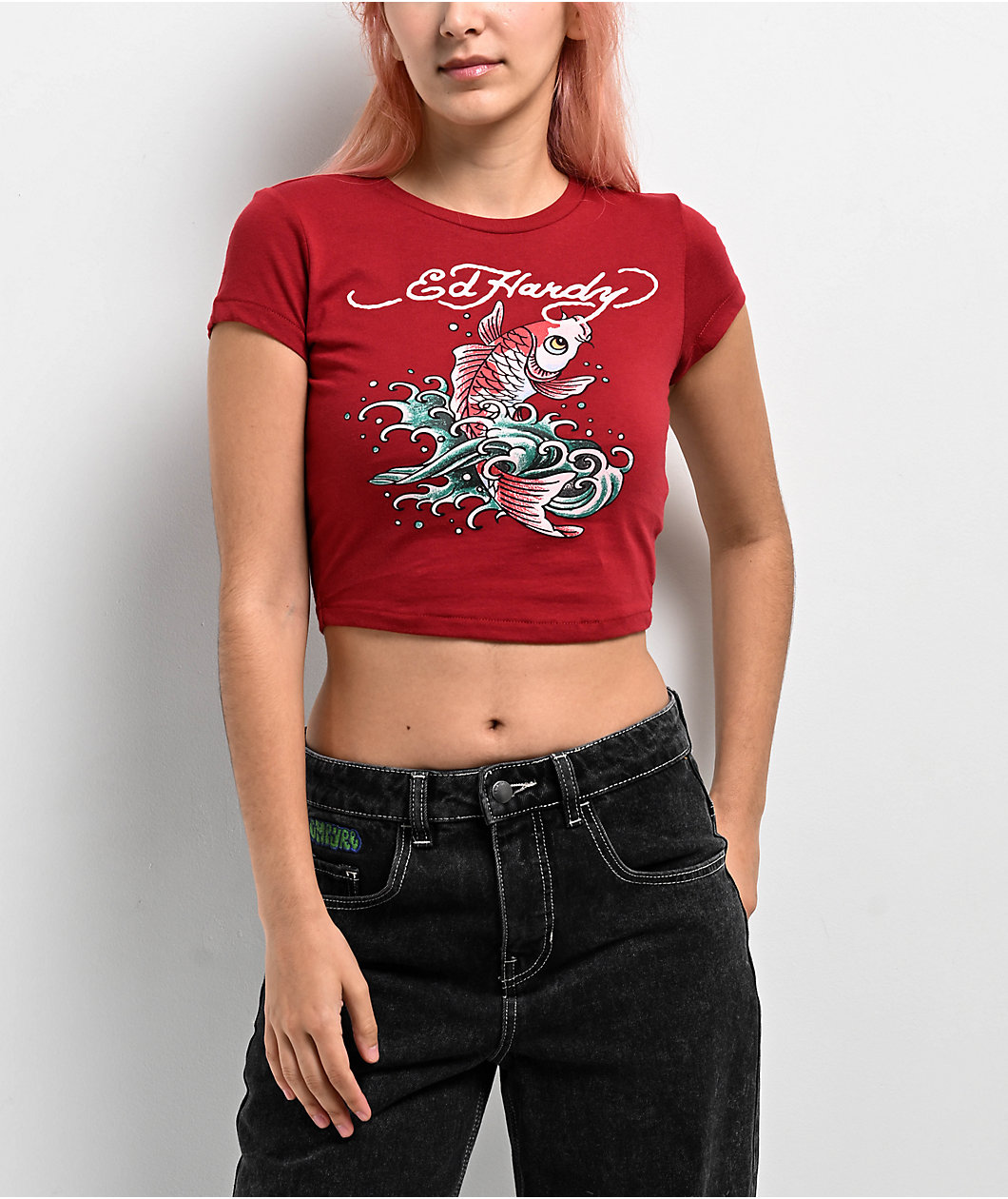 Ed Hardy Koi Fish Maroon Crop T-Shirt