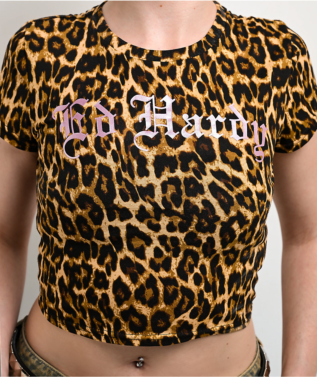 Ed Hardy LKS Pink Skull Leopard Crop T-Shirt