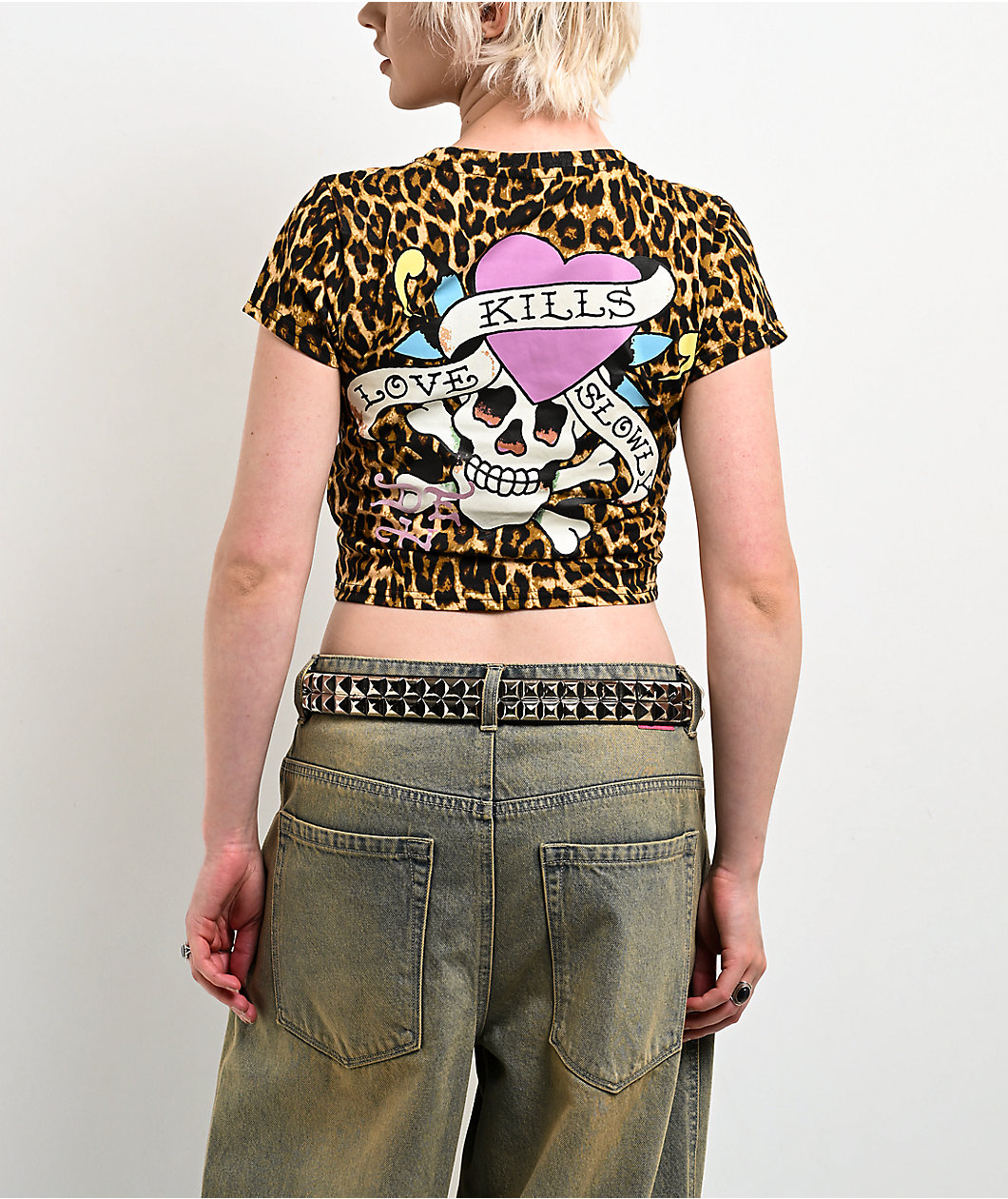 Ed Hardy LKS Pink Skull Leopard Crop T-Shirt