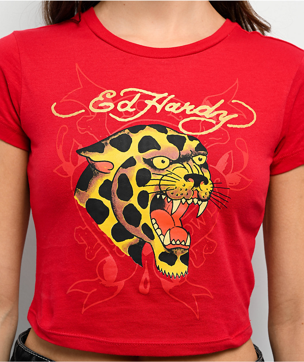 Ed Hardy Leopard Cherry Red Crop T-Shirt