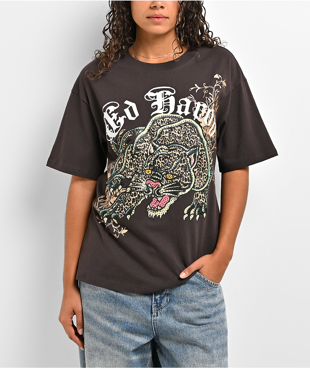 Ed Hardy Leopard Panther Espresso Brown T-Shirt
