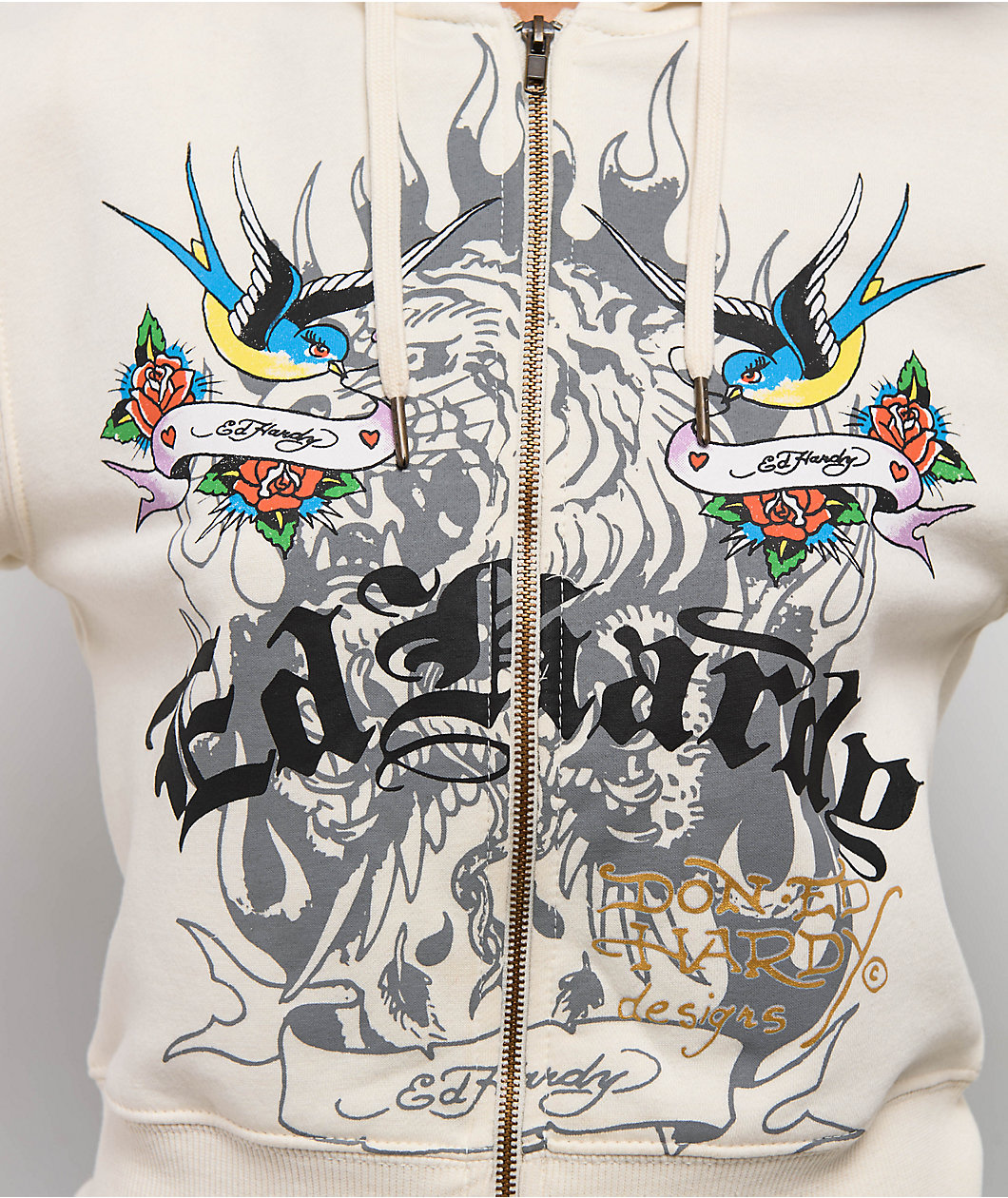 Ed Hardy Love Kills Slowly Heart Ivory Crop Zip Hoodie