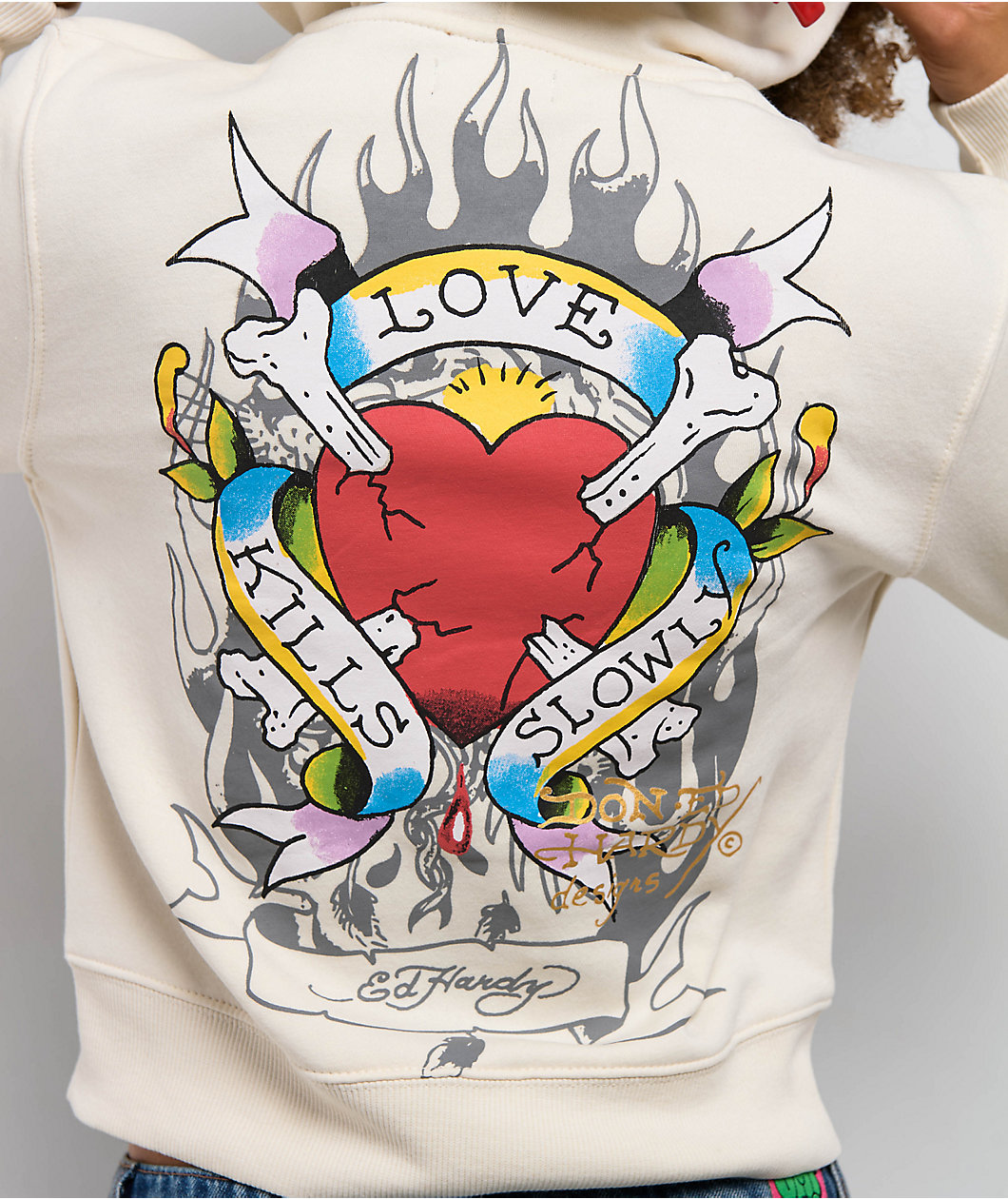 Ed Hardy Love Kills Slowly Heart Ivory Crop Zip Hoodie