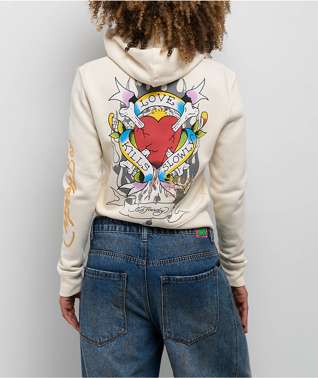 Ed Hardy Love Kills Slowly Heart Ivory Crop Zip Hoodie