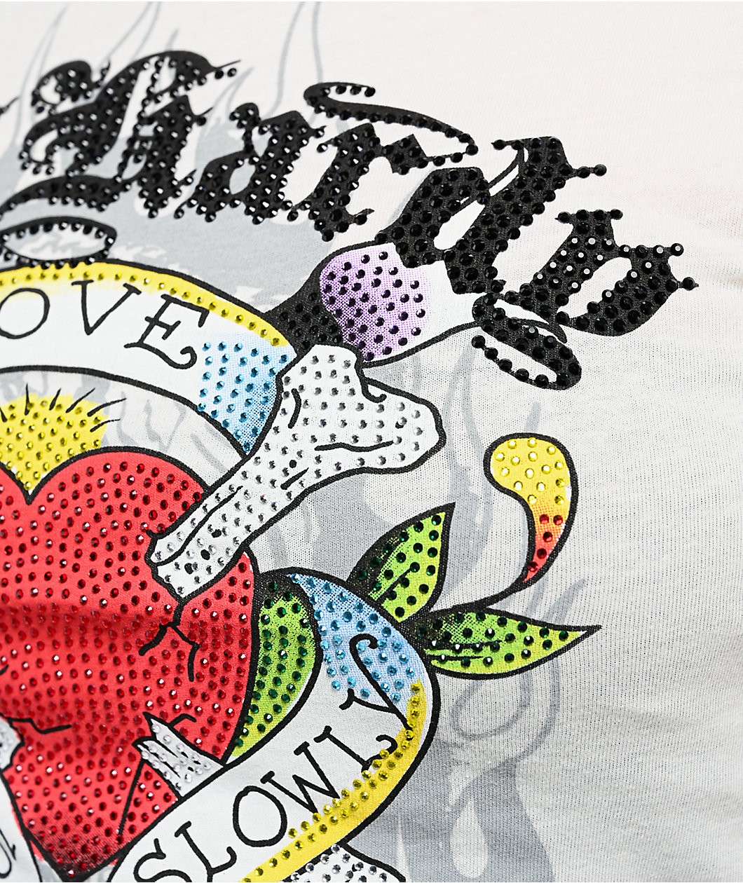 Ed Hardy Love Kills Slowly Heart Rhinestone Ivory Cap Sleeve T-Shirt