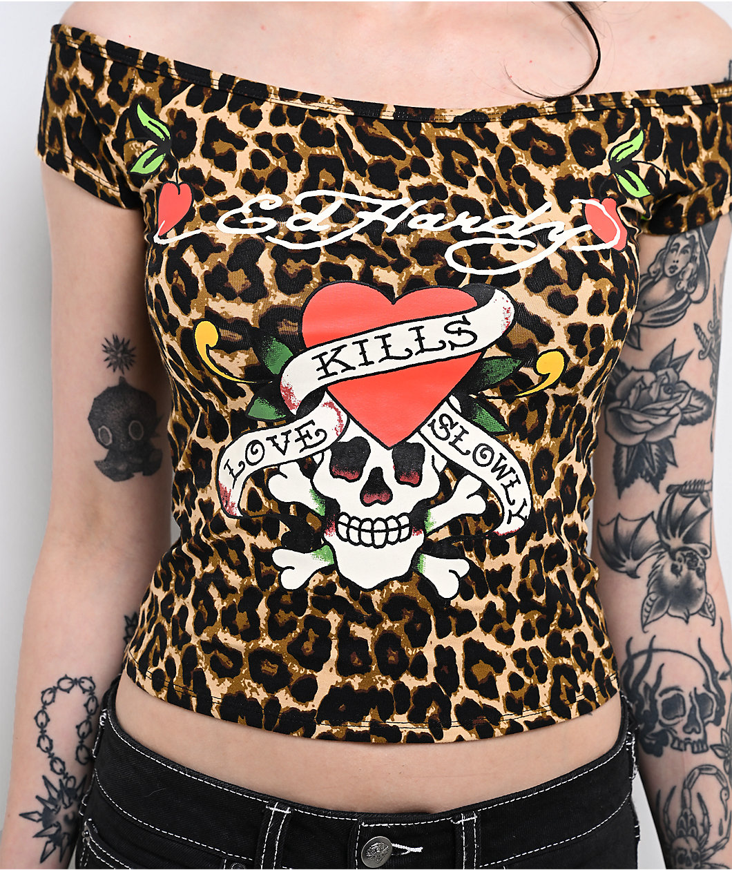 Ed Hardy Love Kills Slowly Leopard Off Shoulder Brown Crop T-Shirt