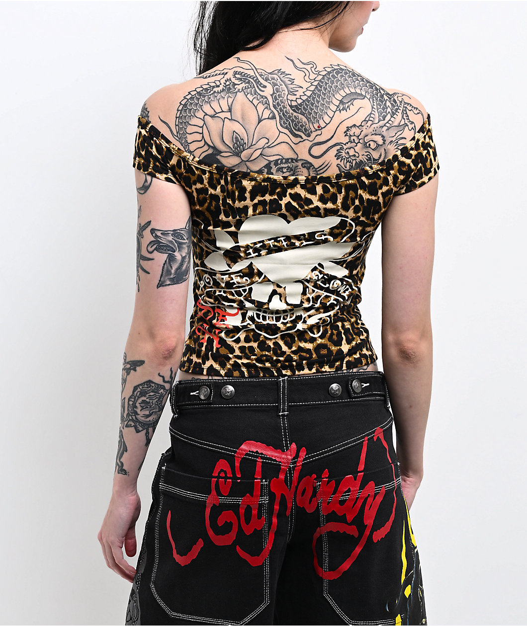Ed Hardy Love Kills Slowly Leopard Off Shoulder Brown Crop T-Shirt