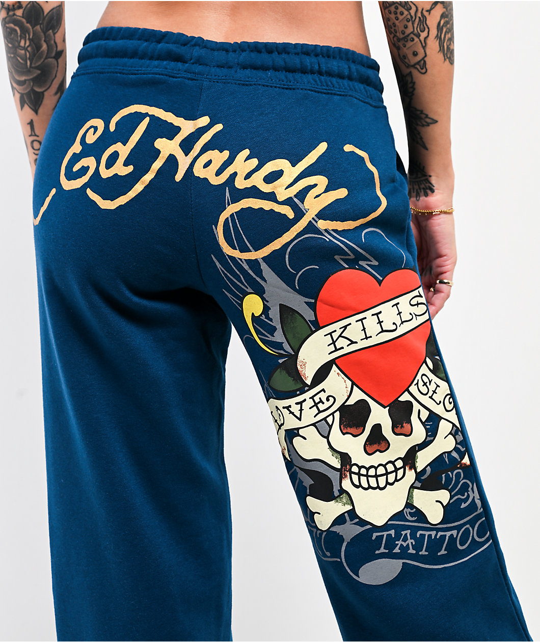 Ed Hardy Love Kills Slowly Sapphire Blue Wide Leg Sweatpants