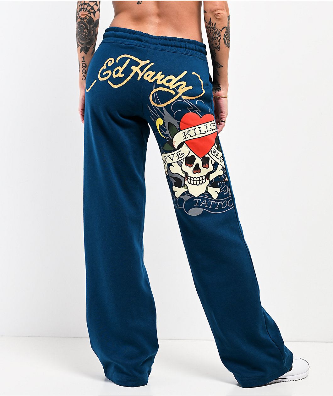 Ed Hardy Love Kills Slowly Sapphire Blue Wide Leg Sweatpants