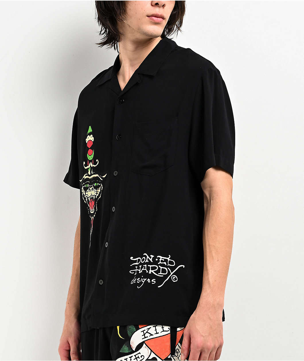 Ed Hardy Love Kills Slowly Woven Black Short Sleeve Button Up Shirt