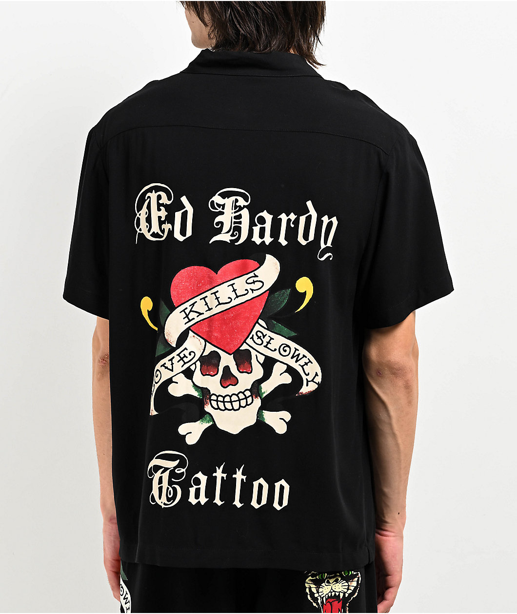 Ed Hardy Love Kills Slowly Woven Black Short Sleeve Button Up Shirt Foxvalley Mall