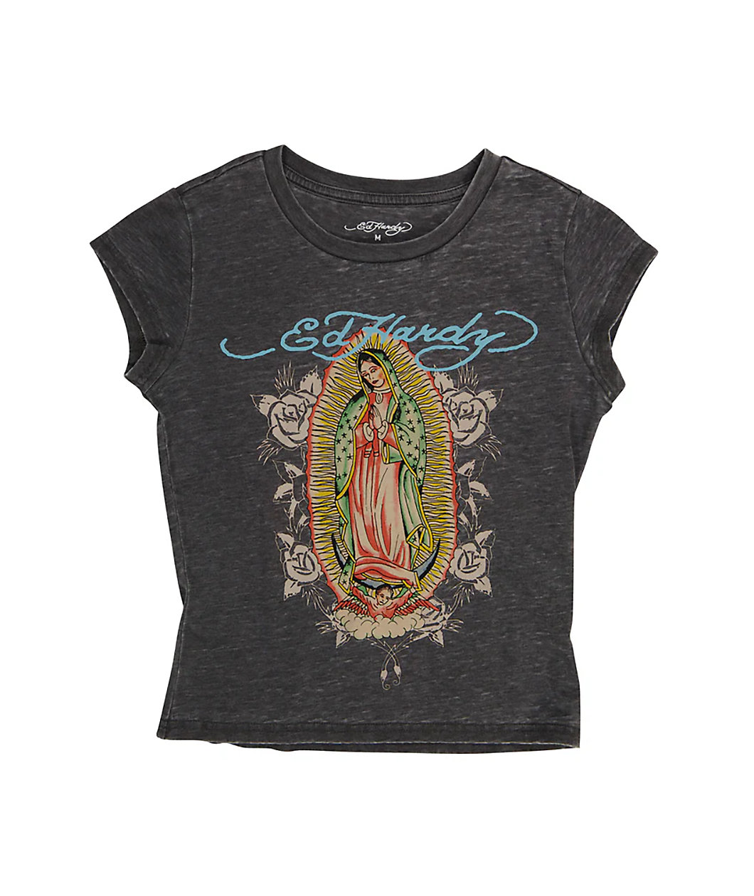 Ed Hardy Mary Burnout Cap Sleeve Charcoal Crop T-Shirt