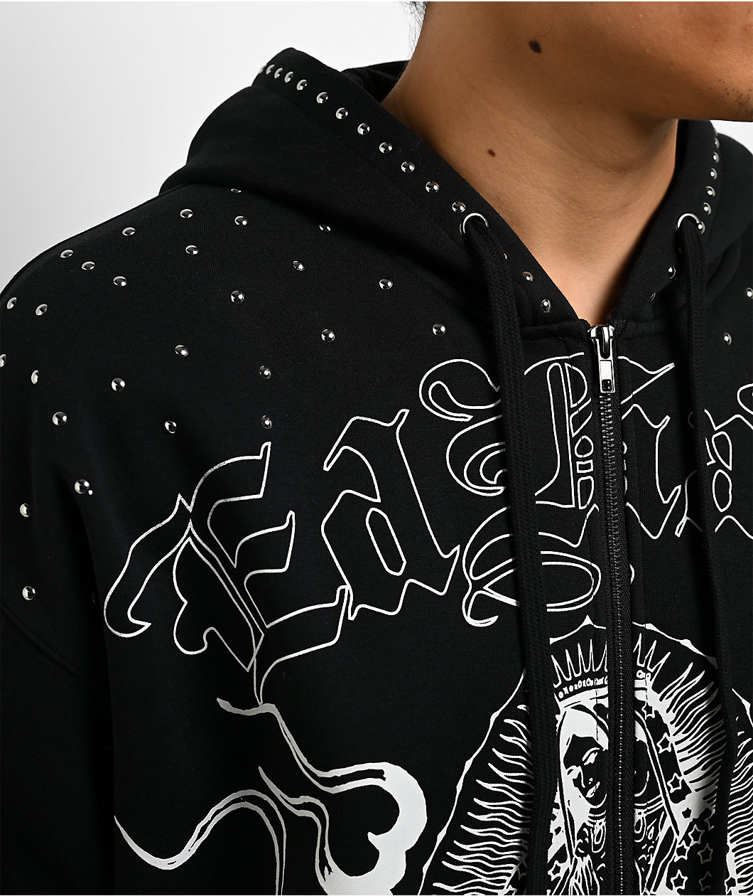 Ed Hardy Mary Dragon Studded Black Boxy Zip Hoodie