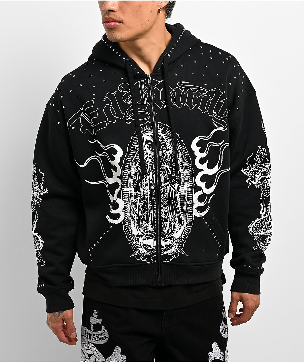 Ed Hardy Mary Dragon Studded Black Boxy Zip Hoodie