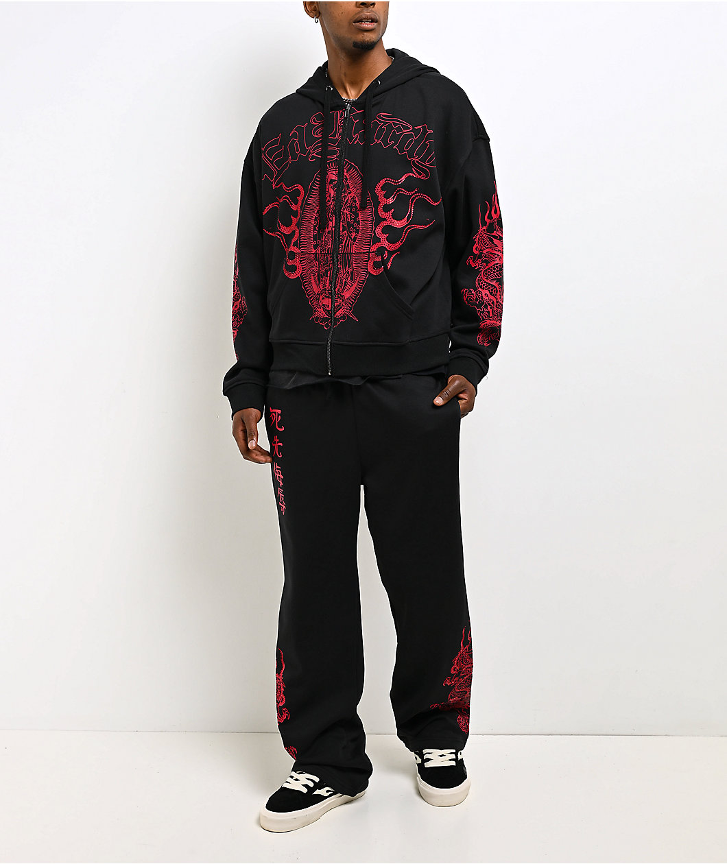 Ed Hardy Mary Dragons Black Boxy Crop Zip Hoodie