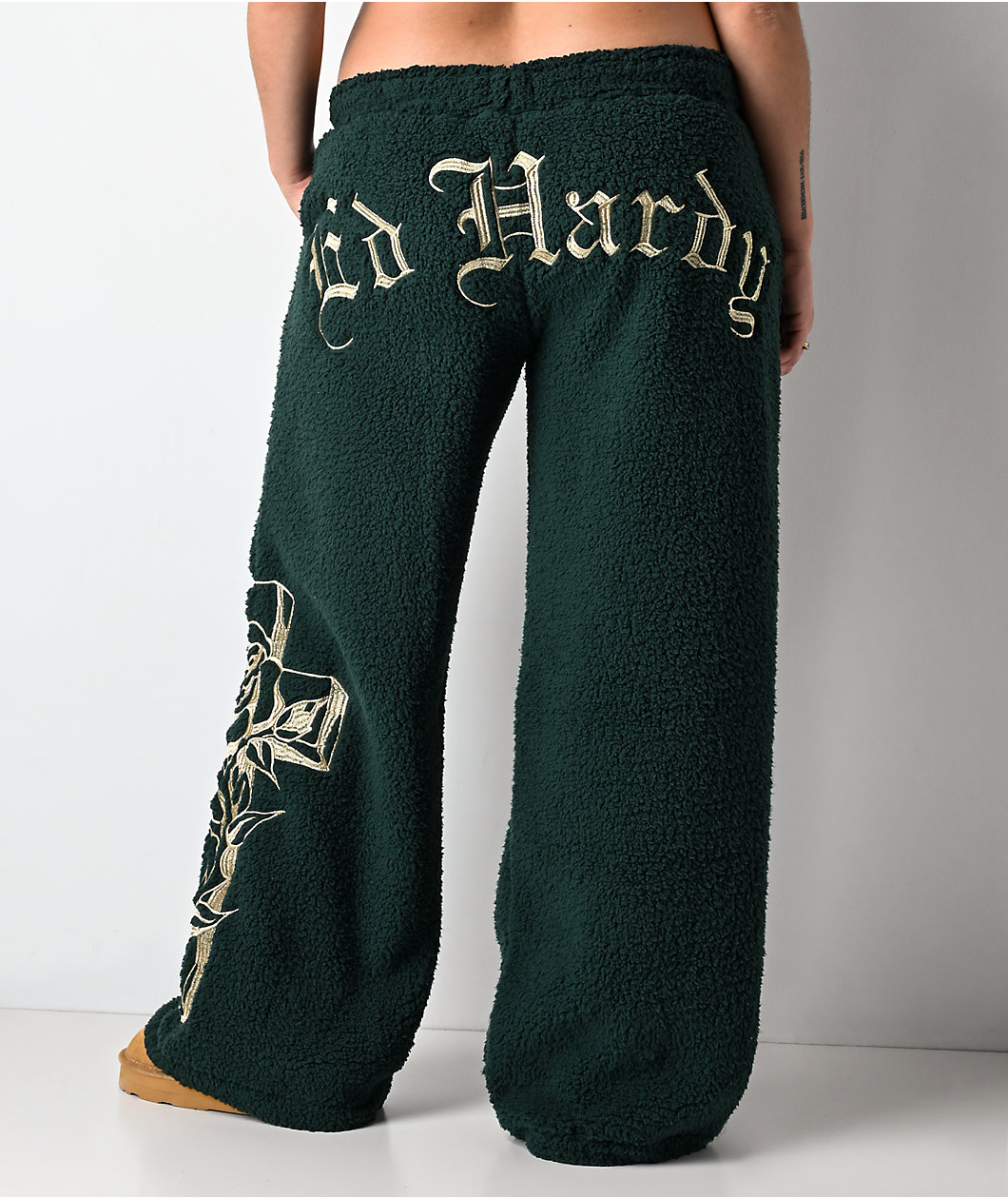 Ed Hardy Mary Green Sherpa Wide Leg Sweatpants