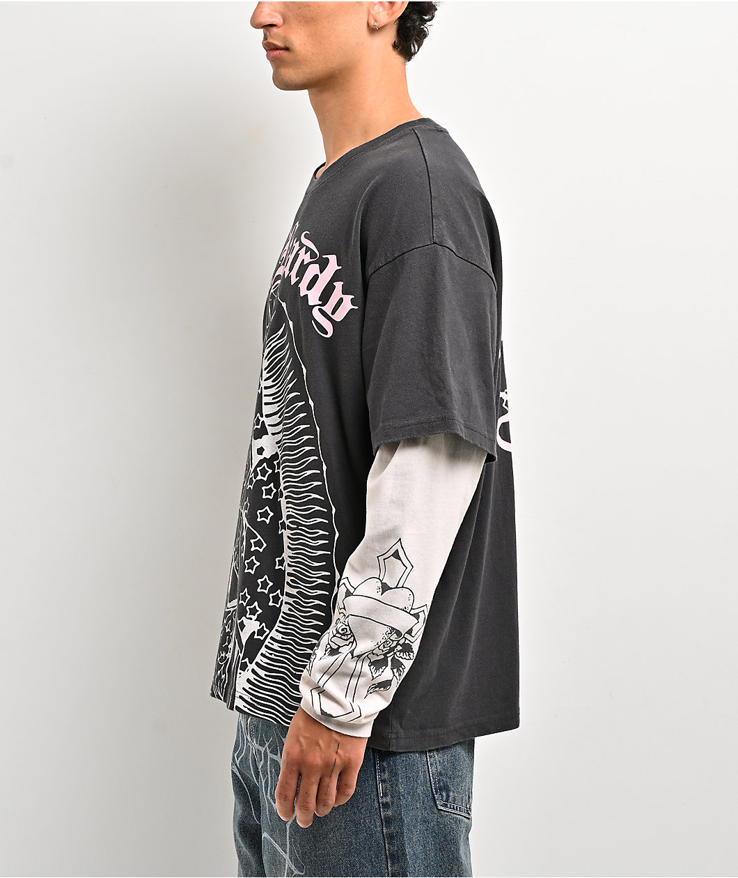 Ed Hardy Mary Grey & White 2fer Long Sleeve T-Shirt