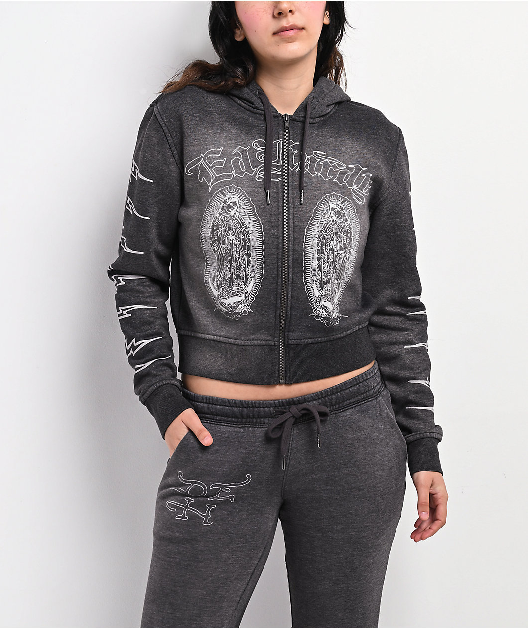 Ed Hardy Mary Mineral Grey Crop Zip Hoodie