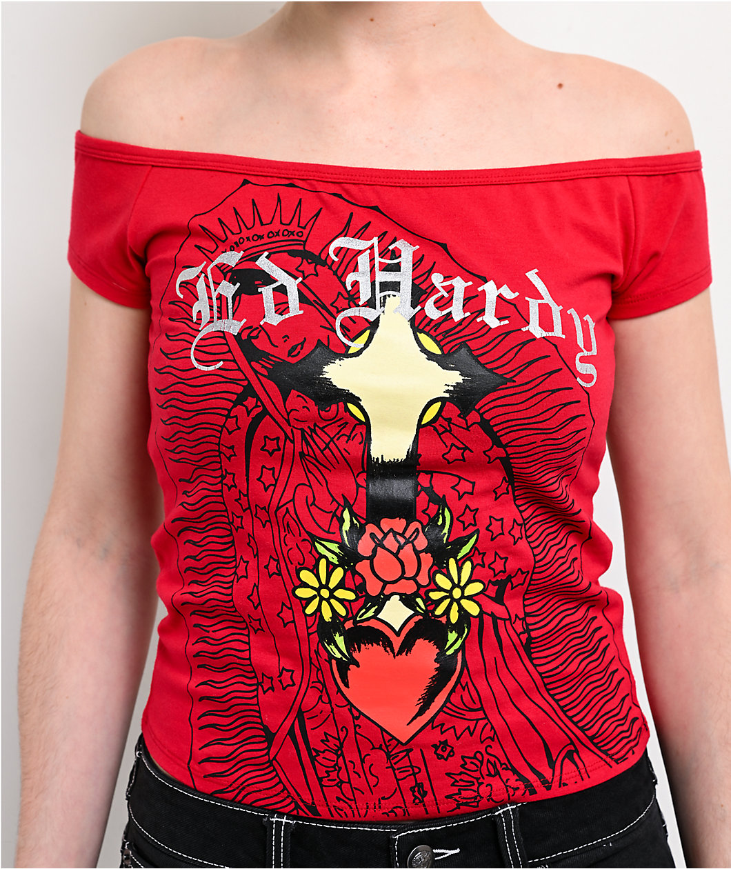 Ed Hardy Mary Off Shoulder Red Crop T-Shirt