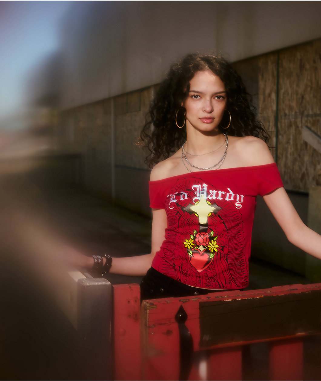 Ed Hardy Mary Off Shoulder Red Crop T-Shirt