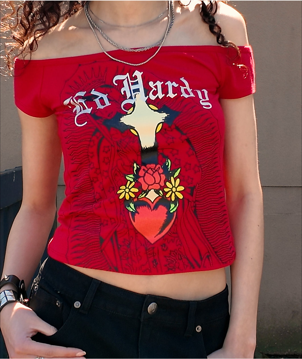 Ed Hardy Mary Off Shoulder Red Crop T-Shirt
